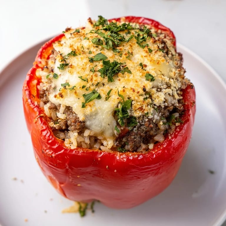 Savory ground meat and rice fill colorful stuffed bell peppers, baked in a rich tomato sauce.