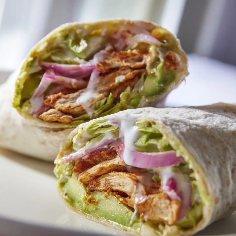 Golden-brown grilled chicken in a Smoky Chipotle Chicken Wrap, layered with shredded lettuce, avocado, and a tangy yogurt sauce, perfect for a quick and flavorful lunch.