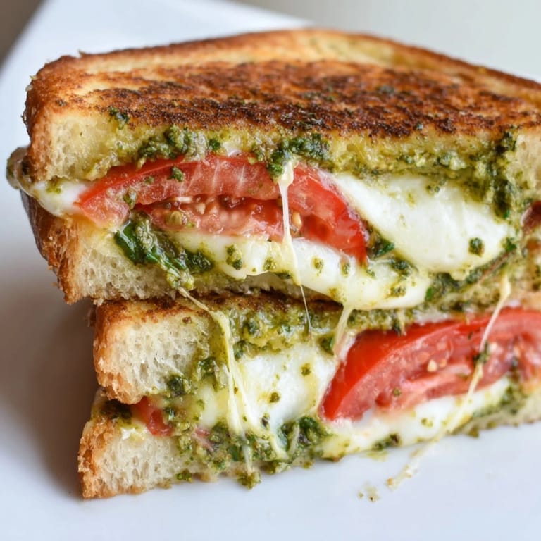 Buttery Caprese Pesto Grilled Cheese sandwiches melt between crusty bread, with melted cheese stretching and fresh tomato juices glistening.  