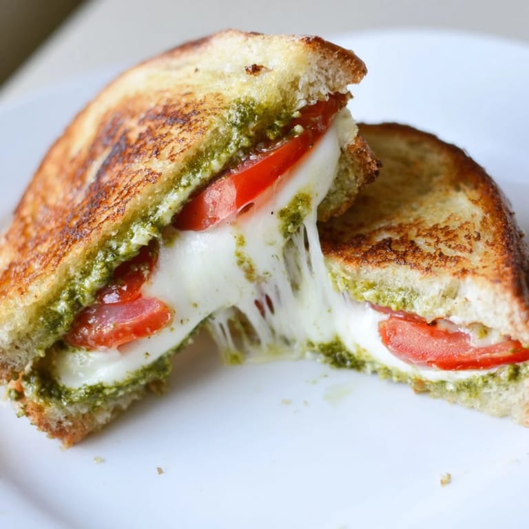 Golden grilled Caprese Pesto Grilled Cheese halves rest beside cherry tomatoes and basil leaves, steam rising from the melted cheese.