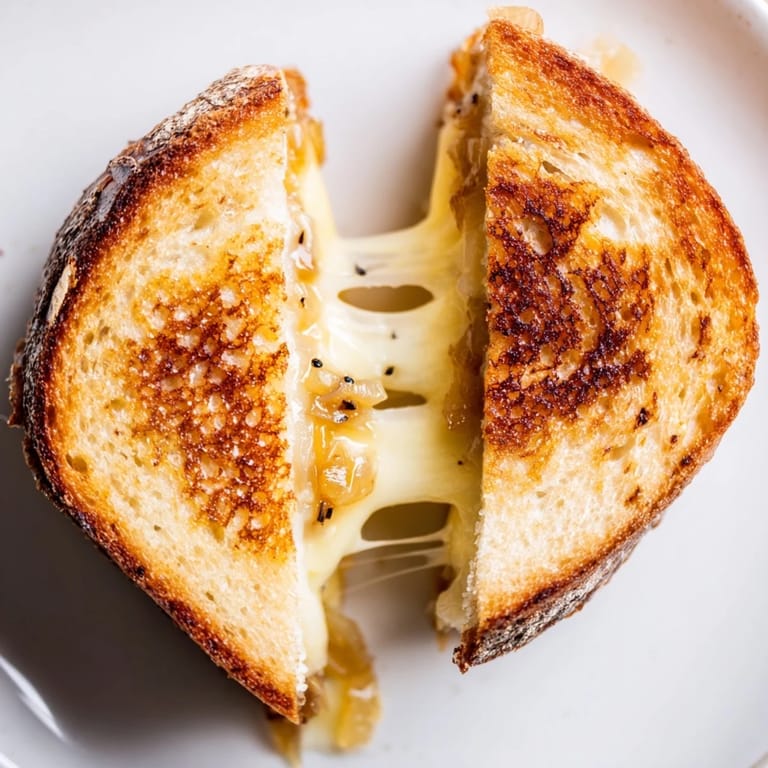 Close-up of a crispy, golden-brown Caramelized Onion Grilled Cheese oozing with sharp cheddar and jammy, deeply caramelized onions on a rustic cutting board.  