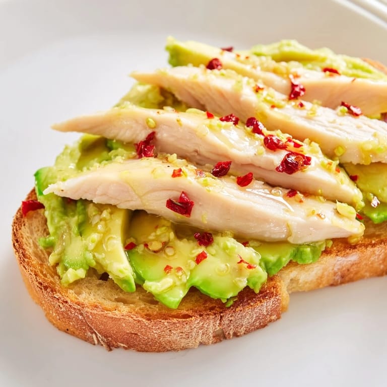 Golden toast slathered with lemony avocado, piled high with tender smoked paprika chicken, chili flakes, and honey drizzle.
