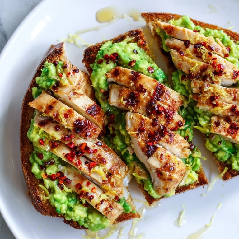Toasted multigrain spread with smashed avocado, crowned with garlic-seasoned grilled chicken slices and sweet honey for a savory-sweet bite.