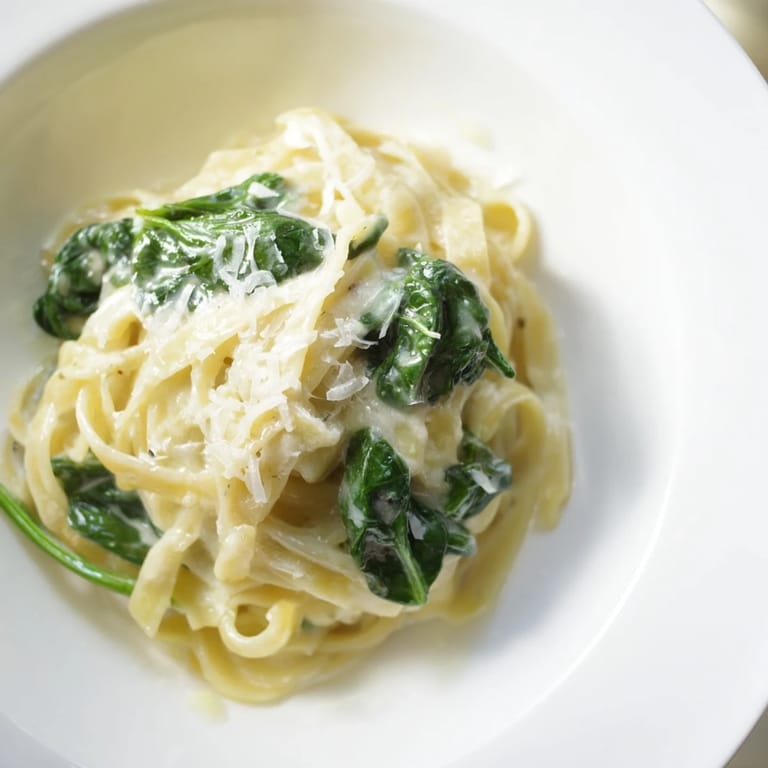 Twirling fettuccine coated in Creamy Garlic Spinach Pasta reveals a rich, creamy texture with wilted spinach and minced garlic throughout.