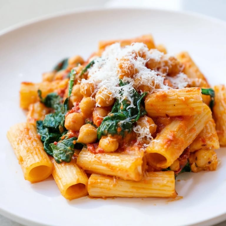 A close-up of Creamy Tuscan Chickpea Pasta, highlighting wilted spinach and al dente pasta coated in a rich tomato cream sauce.