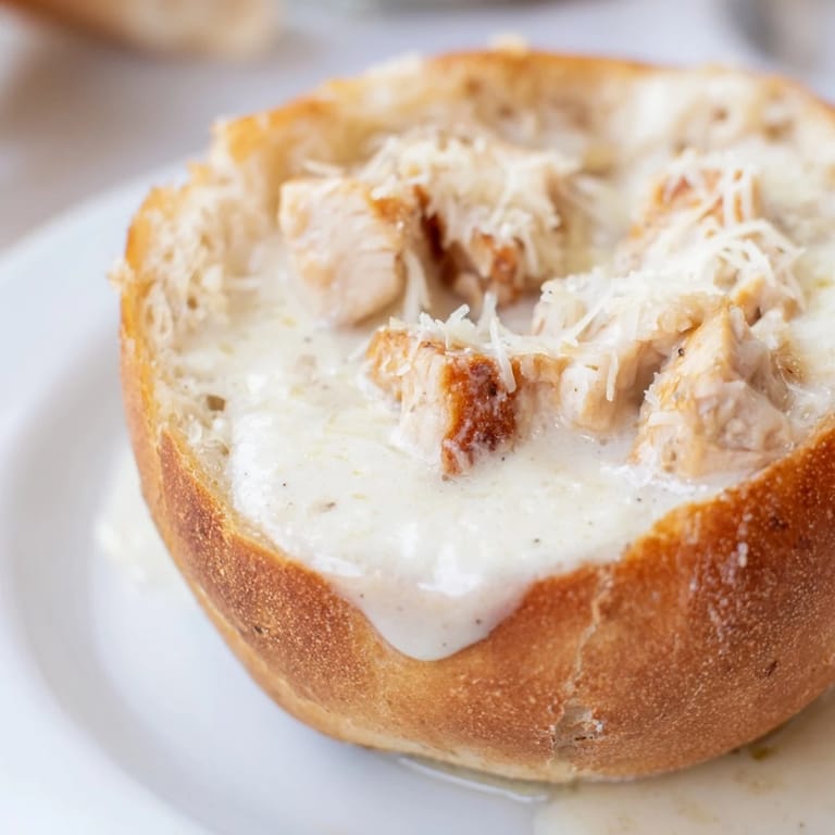 Four serving-sized crusty bread bowls, each filled with a rich and luscious chicken Alfredo pasta dish, garnished with fresh parsley.