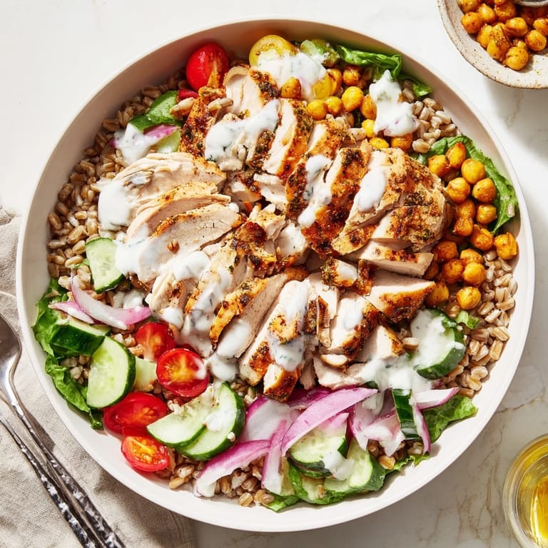 Golden roasted chicken and crispy chickpeas rest on farro and fresh greens, all drizzled with a bright, zesty lemon tahini dressing.