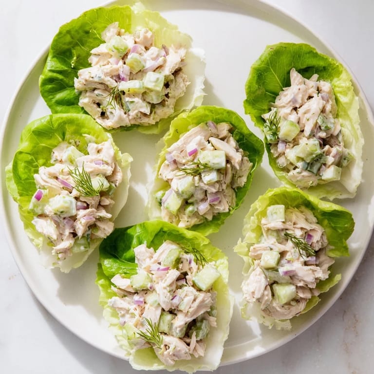A close-up view of Dill Pickle Chicken Salad Lettuce Cups, highlighting the vibrant green lettuce leaves and the crunchy texture of the ingredients.  