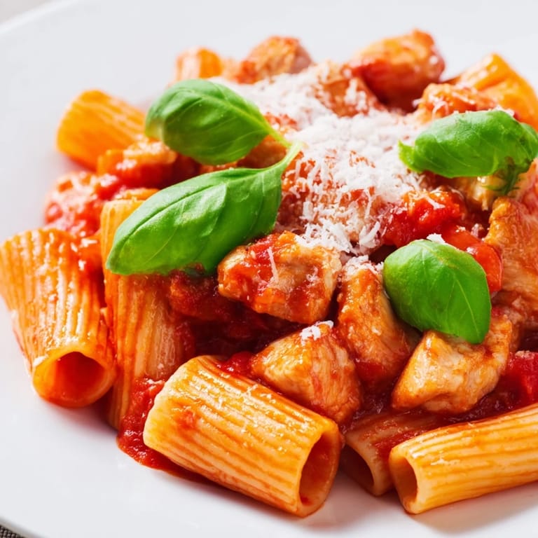 Close-up of a colorful bowl of Tomato Basil Chicken Pasta, garnished with fresh basil leaves and ready for a quick meal.