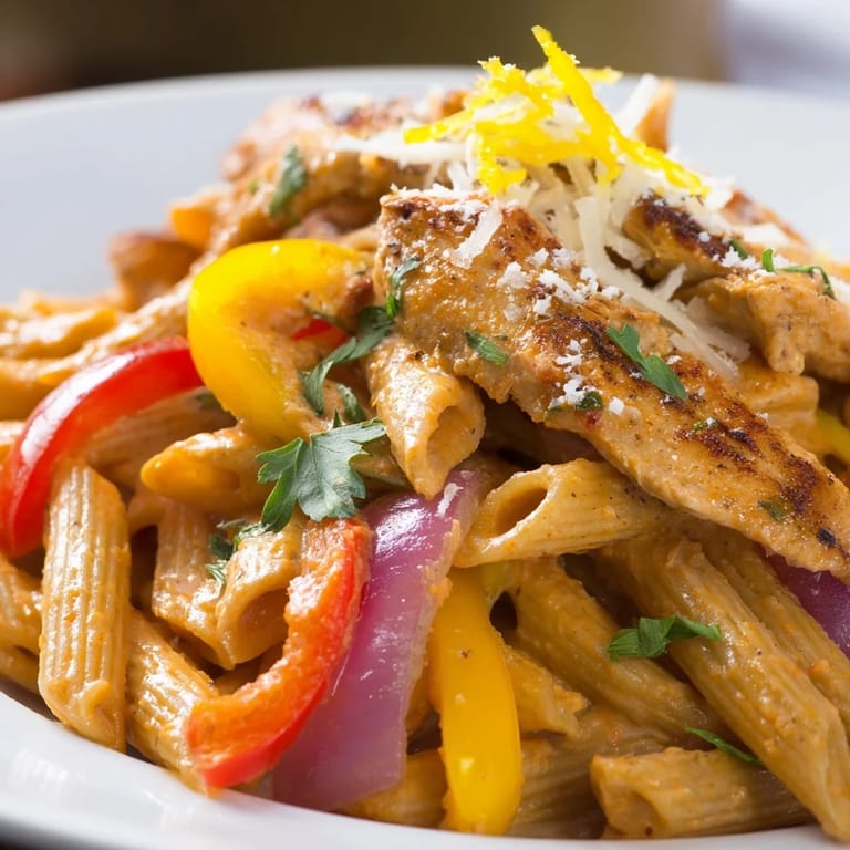 Serving suggestion for Creamy Cajun Chicken Pasta Lite plated with a sprinkle of Parmesan and extra black pepper.