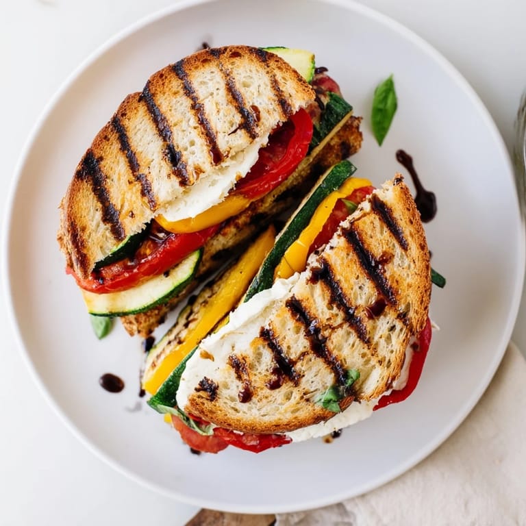 A close-up of the Roasted Veggie Caprese Grilled Cheese reveals juicy tomatoes and oozing cheese on buttery toasted bread.