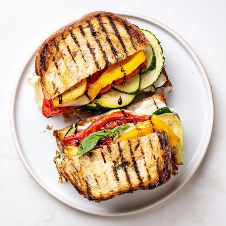 The Roasted Veggie Caprese Grilled Cheese pairs roasted peppers and zucchini with basil, served warm with a side of soup.