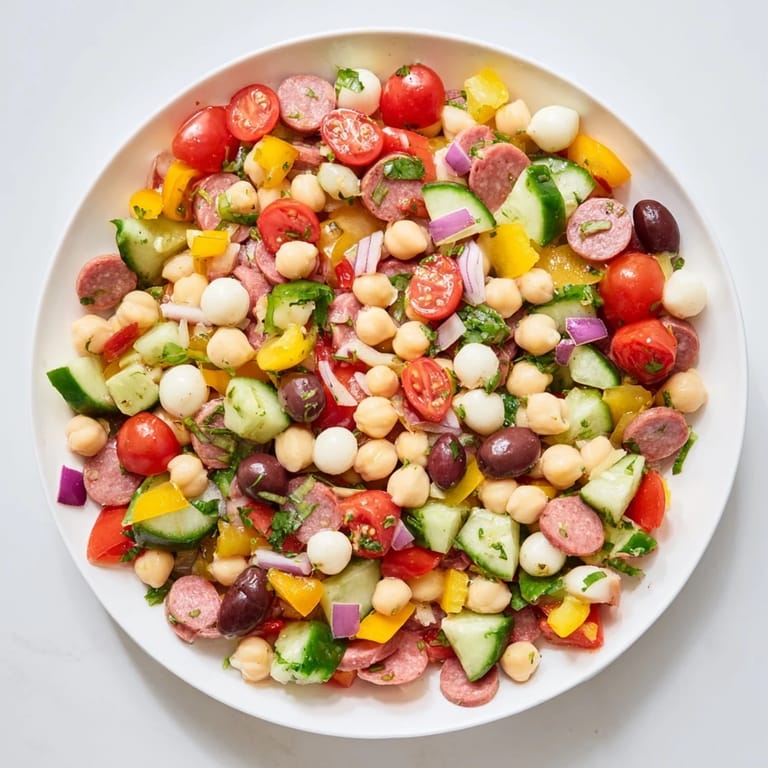 Freshly tossed Crunchy Antipasto Chopped Salad served chilled, garnished with basil and parsley for a colorful Italian-American appetizer.