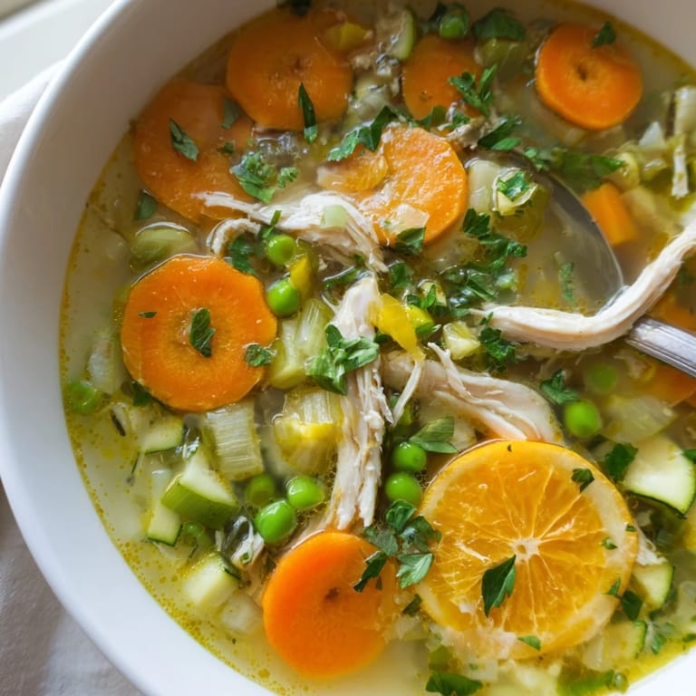 Overhead view of Spring Garden Chicken Soup, featuring colorful spring vegetables and shredded chicken in a clear broth, served with a sprinkle of parsley.