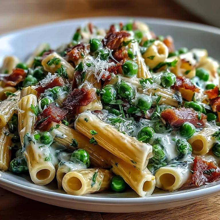 A vibrant Spring Pea and Ham Pasta bowl, showcasing peas and ham in rich sauce.