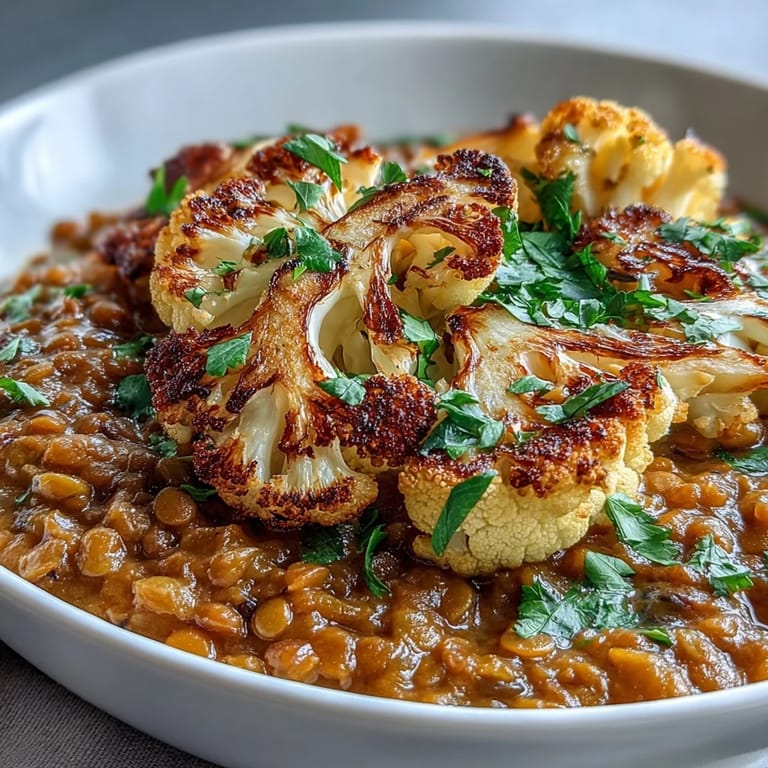 Hearty Dhal with Cumin-Roasted Cauliflower served in a rustic bowl, showcasing vibrant spices and a comforting, steamy texture.