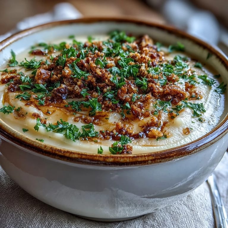 Velvety celeriac soup with hazelnut crumble, featuring roasted root vegetables and a swirl of cream, perfect for chilly evenings.