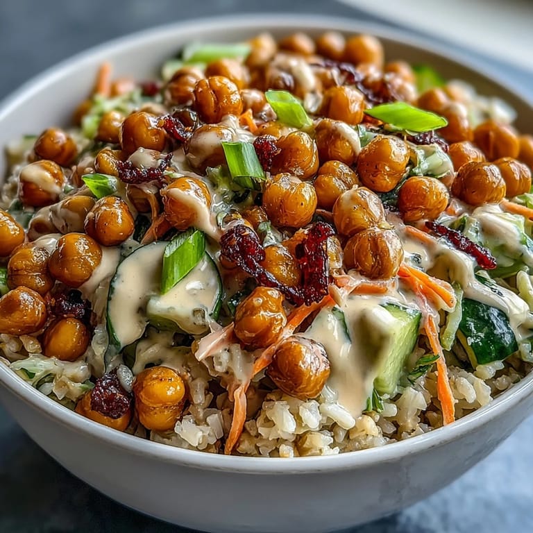 Close-up of a colorful Peanut Chickpea Rice Bowl, highlighting nutritious chickpeas, vibrant vegetables, and a generous drizzle of homemade peanut dressing.