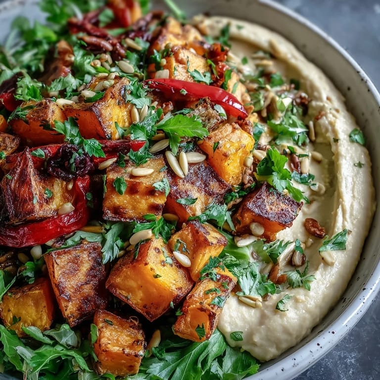 A close-up of warm, caramelized vegetables and smooth hummus, garnished with fresh parsley and paprika for a cozy main dish.  