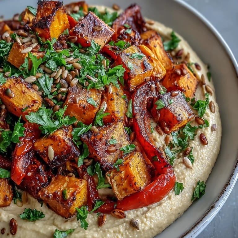 Colorful roasted veggies, including red bell peppers, are arranged over a savory hummus base, finished with crunchy mixed seeds.