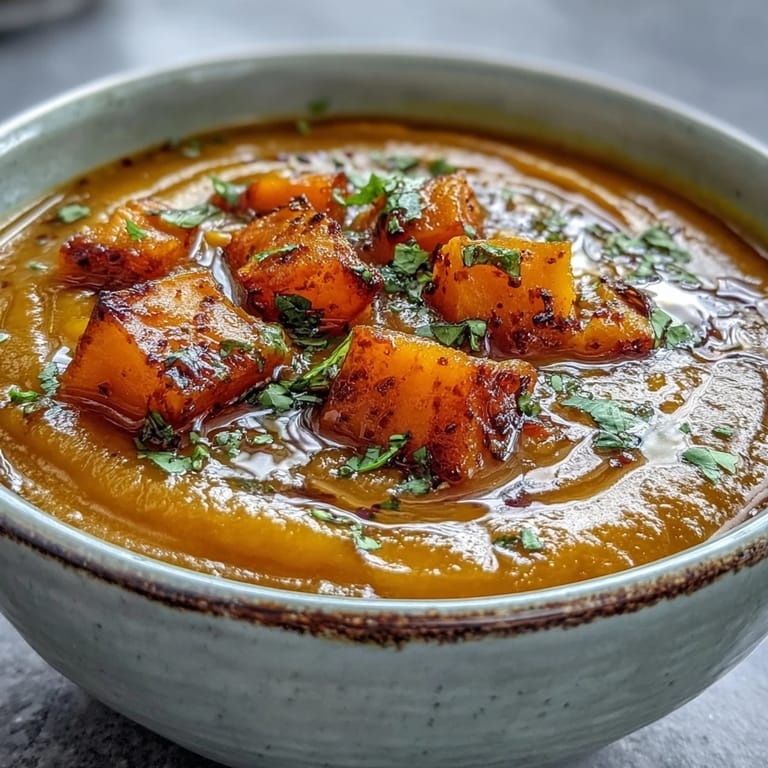 Warm, golden-hued butternut squash and lentil soup simmered with spices and topped with parsley, perfect for chilly evenings.  