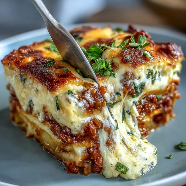 A hearty slice of One-Pan Smoky Veggie Lentil Lasagne reveals smoky lentils, mushrooms, and creamy béchamel layers.