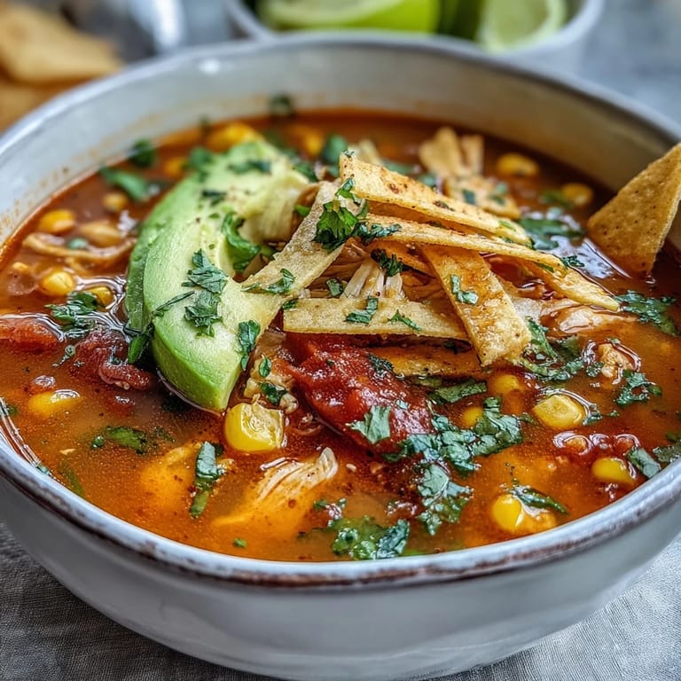 Steaming bowl of Best Chicken Tortilla Soup served with lime wedges and shredded cheese on the side.