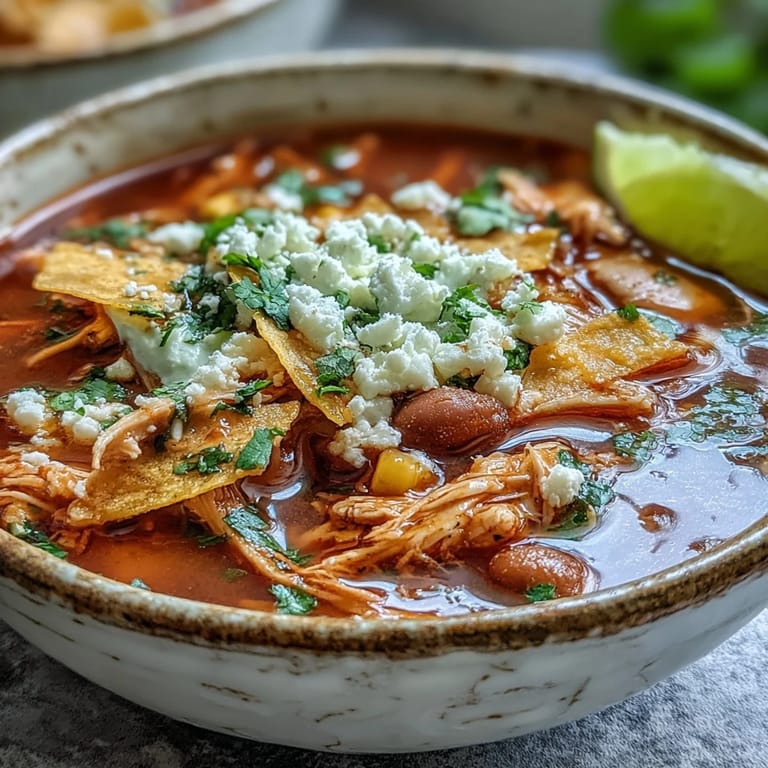 A ladle serving a hearty helping of Chicken Tortilla Soup with beans, corn, and colorful peppers.