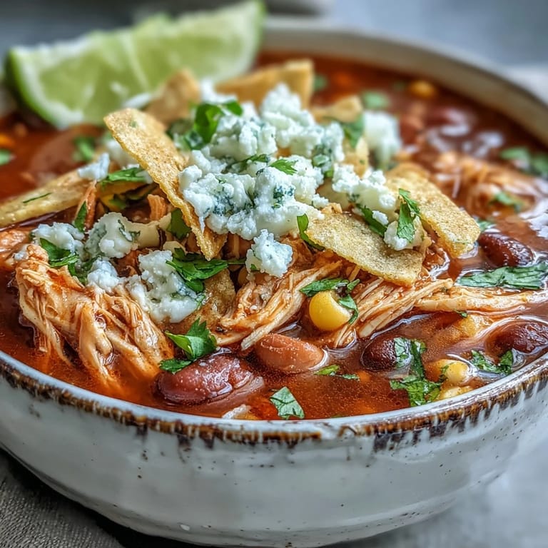A close-up of a savory Chicken Tortilla Soup garnished with lime wedges, avocado slices, and crumbled cotija cheese.