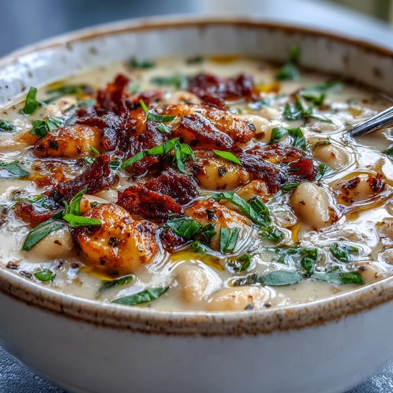 Creamy Tuscan White Bean Soup simmering in a pot with sun-dried tomatoes and herbs, ready to serve hot.  