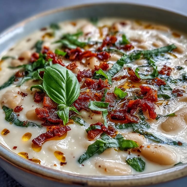 Hearty Creamy Tuscan White Bean Soup topped with Parmesan cheese, perfect alongside crusty bread for dipping.