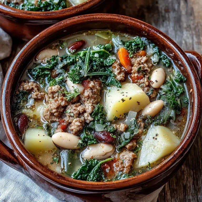 A hearty Italian-inspired dinner served with crusty bread alongside the savory sausage and beans.