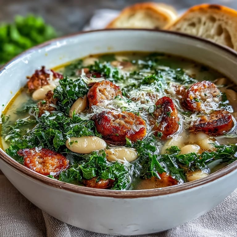 A hearty Italian White Bean Soup with Kale and Sausage simmering in a pot, rich with creamy white beans and roasted garlic.