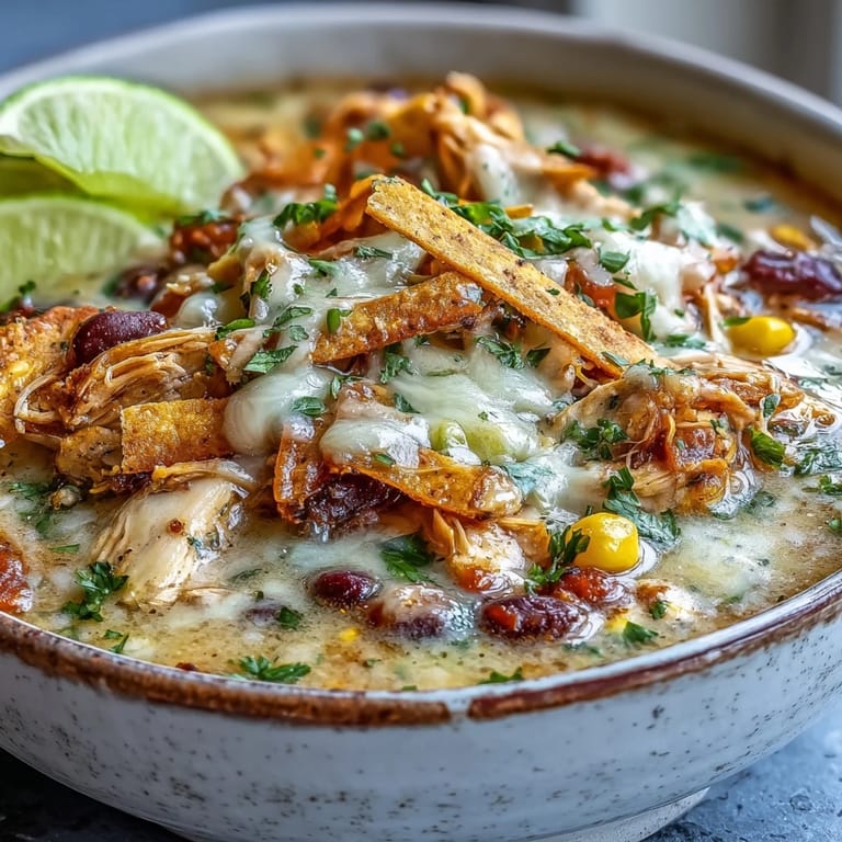 Spoon lifting creamy Easy Chicken Tortilla Soup with tender chicken, tomatoes, and melted cheddar topping.