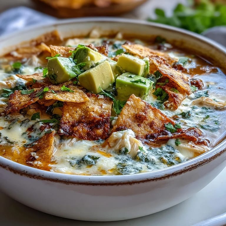 Creamy chicken tortilla soup with diced avocado, cilantro, and lime wedges in a rustic bowl.
