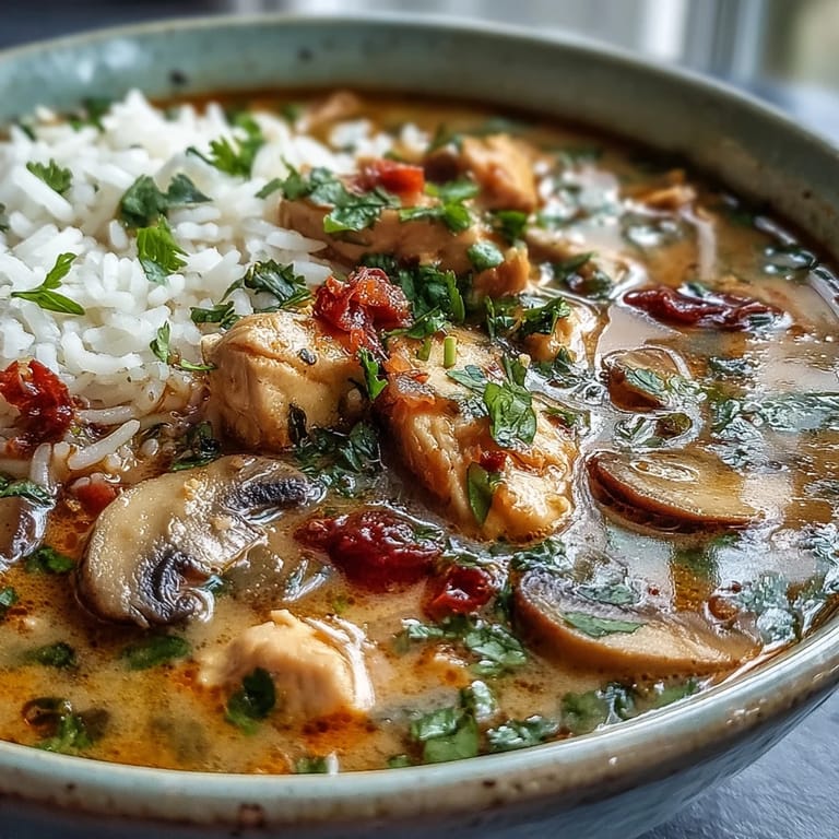 Brightly colored Thai Coconut Curry Soup served in a rustic bowl, featuring sliced red chili garnish alongside steaming coconut milk broth and fluffy rice.