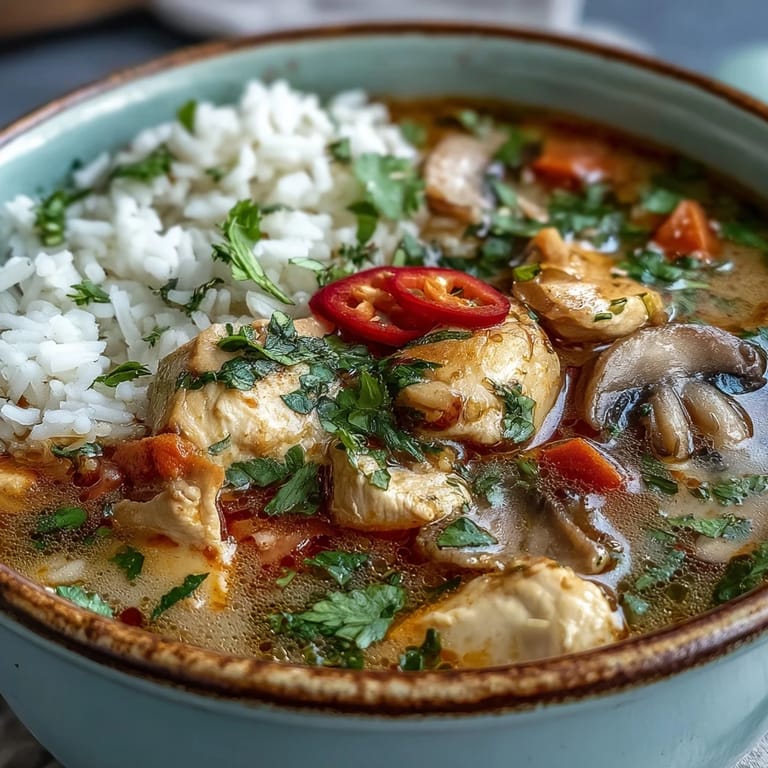 Spoon lifting a bite of Thai Coconut Curry Soup with chicken, vegetables, and jasmine rice, revealing rich red curry and aromatic herbs.