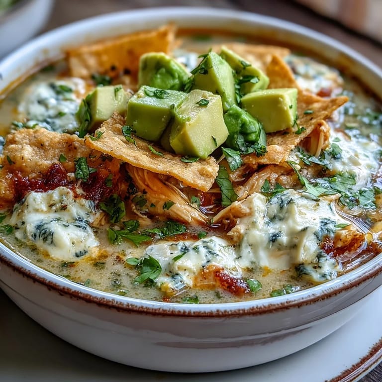 A spoonful of creamy chicken tortilla soup reveals shredded chicken, peppers, and melty cheese.