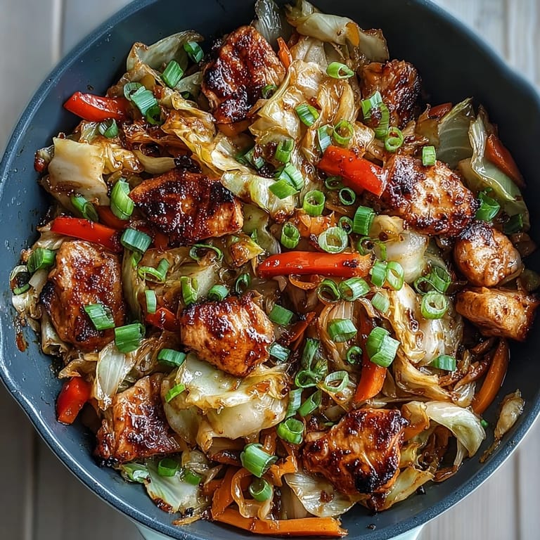 Serve this savory Chicken Cabbage Stir-Fry over steamed rice, garnished with fresh green onion slices.