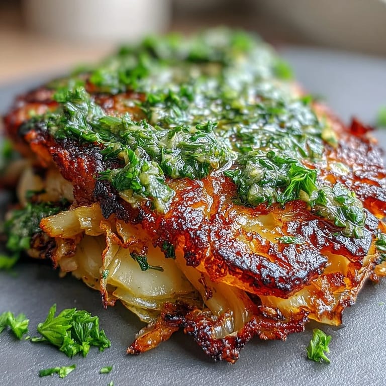 Crispy, caramelized cabbage steaks drizzled with spicy jalapeño chimichurri on a rustic plate.