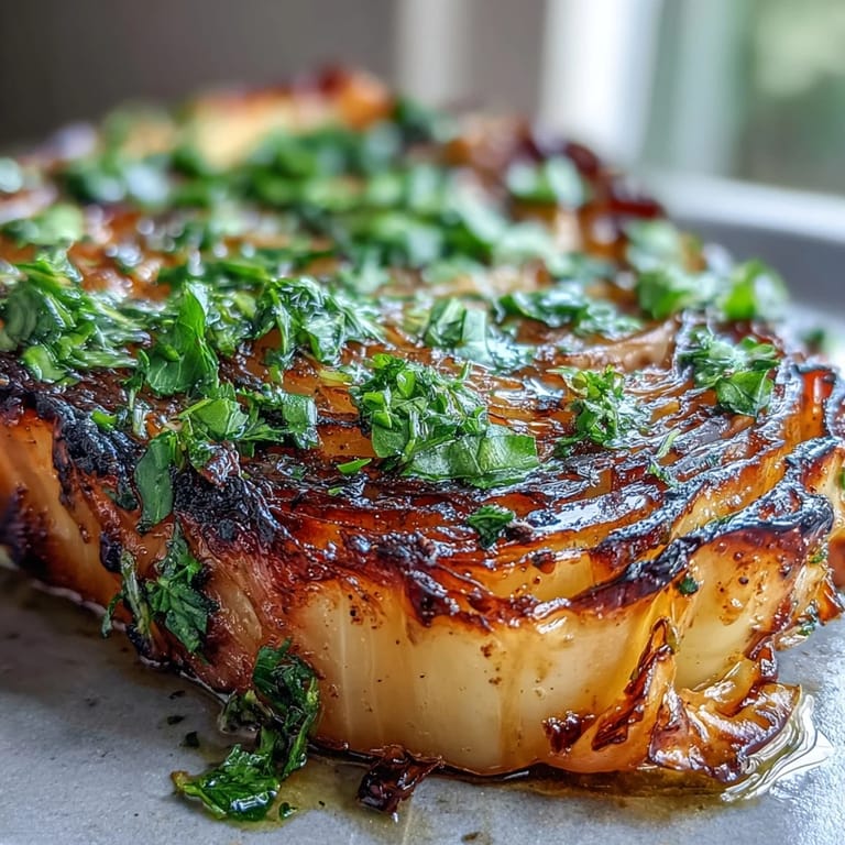 A close-up of thick cabbage steaks smothered in fresh jalapeño chimichurri for a vegan meal.