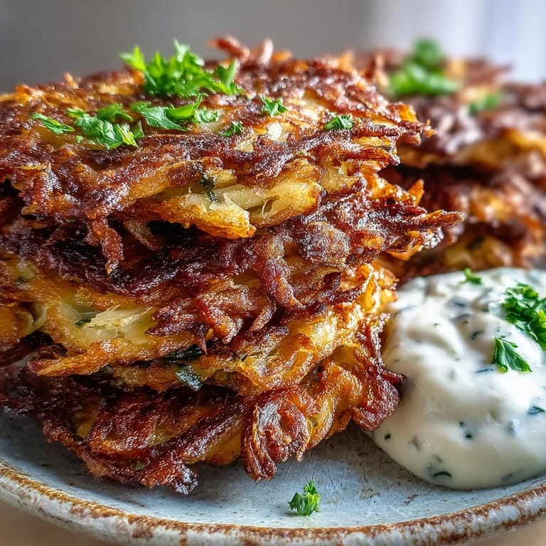 A hand dipping a crispy Cabbage Fritters With Dipping Sauce into creamy sauce.