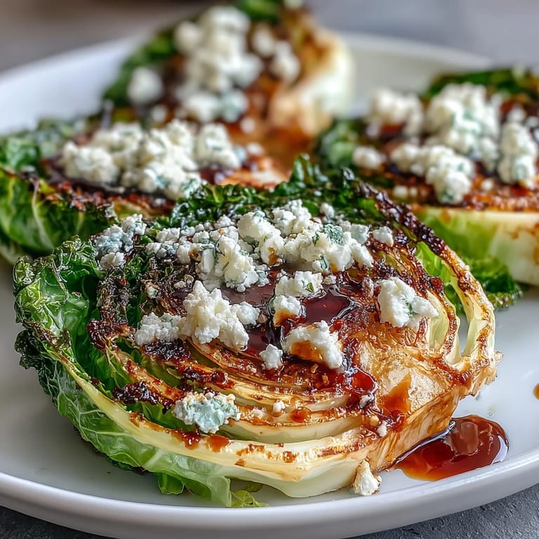 Ready to serve, Crispy Cabbage Steaks With Feta and Balsamic offer a vegetarian side dish with vibrant flavors and crispy edges.