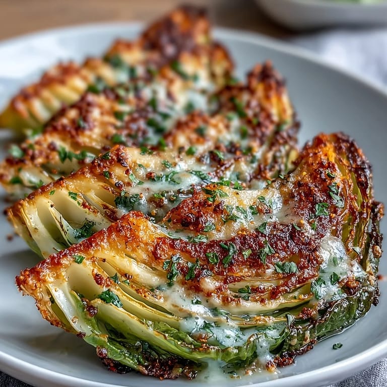 Savory Roasted Garlic Parmesan Cabbage Wedges with caramelized edges, paired with grilled chicken for a wholesome dinner.