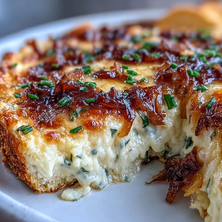 Golden-brown Smoked Gouda & Onion Dip served with crunchy tortilla chips and crisp veggies. 