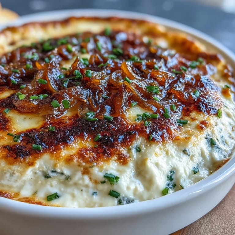 Hearty Smoked Gouda & Onion Dip in a baking dish, featuring melted cheese and caramelized onions.