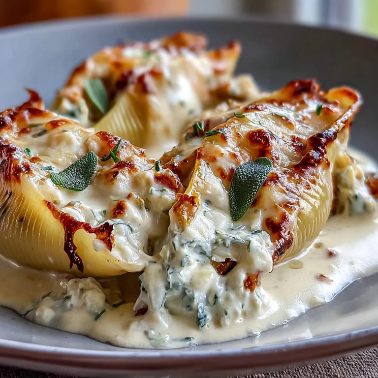 Creamy Pumpkin & Gouda Stuffed Shells rest in brown butter Alfredo, ready to slice and serve.