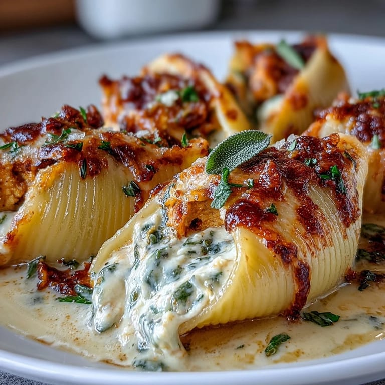 A skillet of brown butter Alfredo sauce is spooned over rich Pumpkin & Gouda Stuffed Shells.