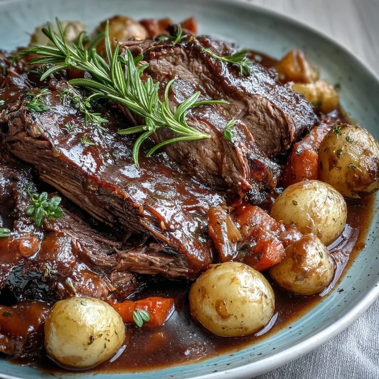 Sliced Beef Pot Roast over mashed potatoes with rich brown gravy, fresh parsley garnish, and steam rising from the meat.