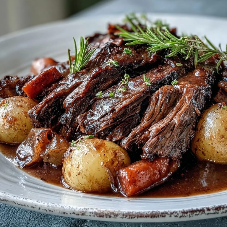 Golden Beef Pot Roast in a Dutch oven with baby potatoes and carrots, bubbling in a savory herb-infused broth.